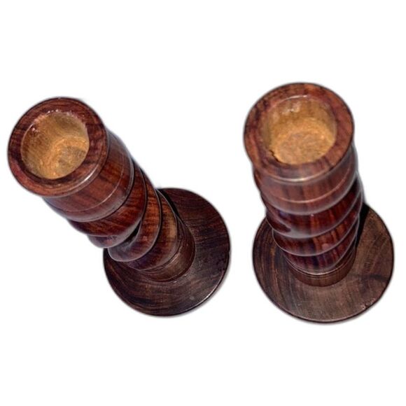 Candlesticks Wood Swirl Spiral Hand Carved 6.5 inches Tall  Set of 2 - Picture 4 of 9
